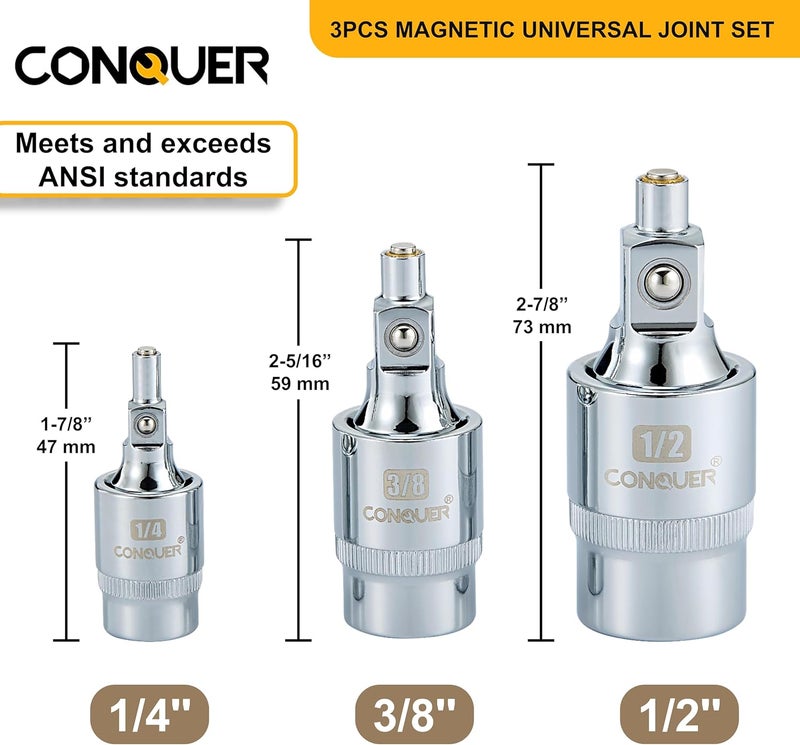 Conquer Magnetic 2-Stage Universal Joint Socket Extension Set – 1/4", 3/8" & 1/2" Drive CR-MO Steel Adapters with Swivel & Fixed Positions, Magnetic Tip for Automotive, Mechanic & DIY Repairs - Image 2